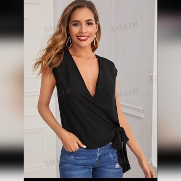 SHEIN Sleeveless Black Side Tie Wrap Blouse Shirt Size X-LARGE - Picture 1 of 5